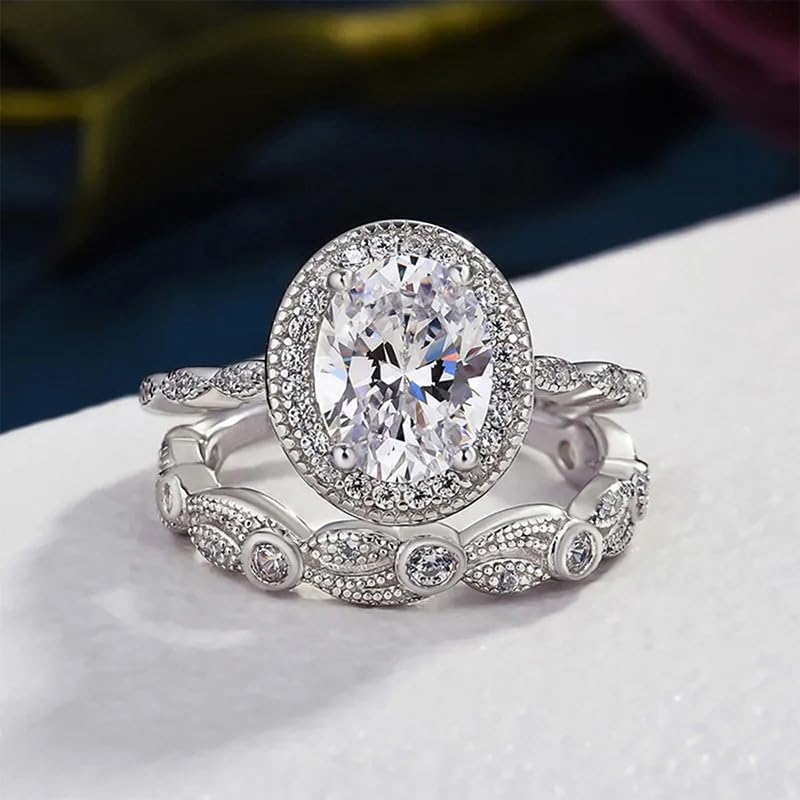 2PCS 925 Plated Silver Bridal Rings Sets Oval Cubic Zirconia Halo CZ Engagements Rings Wedding Bands for Women Promise Rings for her Size 10# - Image 3