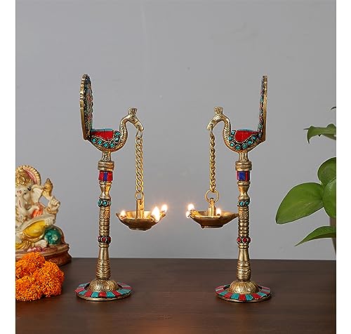Image of Two Moustaches Gemstone Work Peacock Design 9 Inches Brass Hanging Diya Pair, Brass Diyas for Decoration, Brass Oil Lamp, Brass Diya for Puja, Standard, Pack of 2