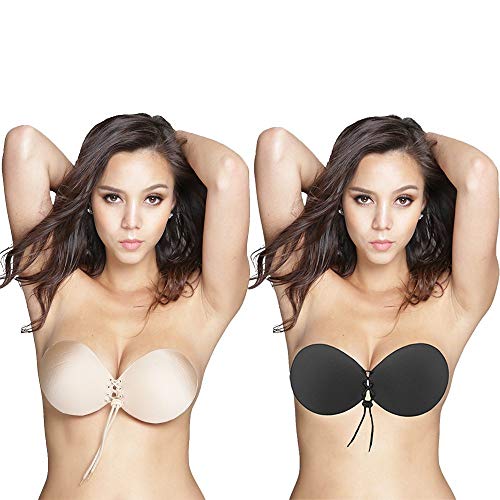 Oolala Round Bra 2-Pack Backless Strapless Sticky Bra for D DD Cup Nude Black