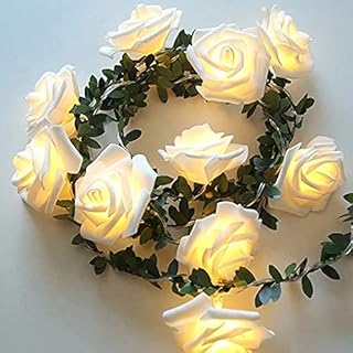 Rose String Light with Green Leaves, Runaup 3M/9.81ft 20LED Warm White Rattan Flowers Fairy Lights, Battery Powered Decorative Lights for Birthday Party Wedding Festival