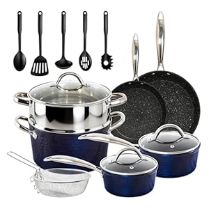 DishDelight Induktionskochfeld-Set, Töpfe und Pfannensets, antihaftbeschichtet, 15-teiliges Kochtopf-Set mit Deckeln, blaues Granit-Kochgeschirr, Antihaft-Kochtopf, Bratpfanne