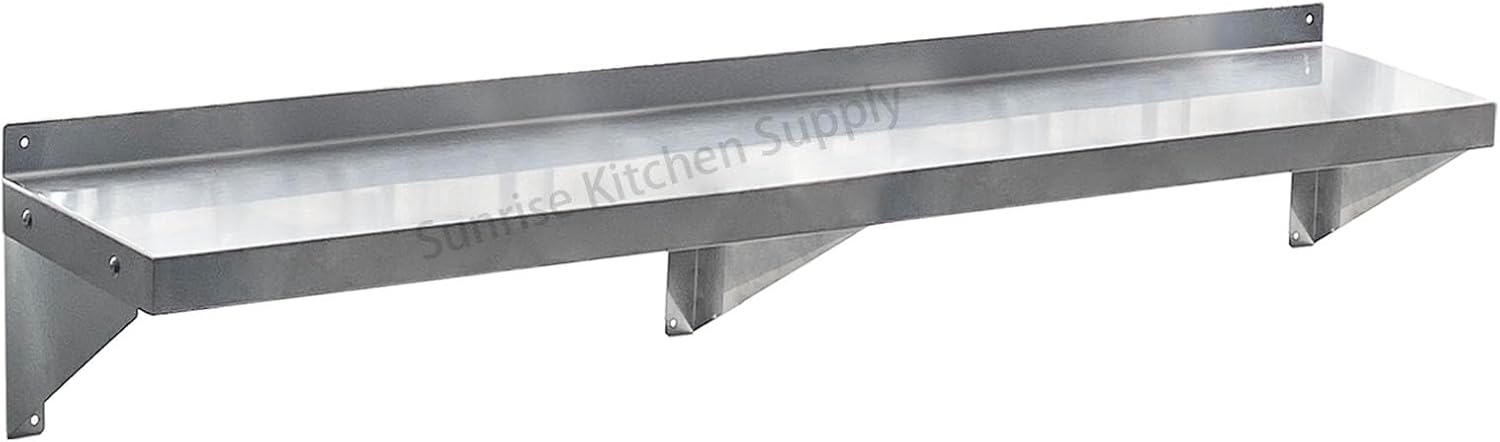 SUNRISE Commercial 430 Stainless Steel Kitchen Wall Shelf, NSF Certificated, Wall Mounted, Solid Shelving for Restaurants, Bars & Hotels (12" x 48")