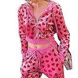Women's Velvet Long Sleeve Heart Print Pocket Drawstring Casual Hoodie Y2K Zip Up Crop Jacket Sweate
