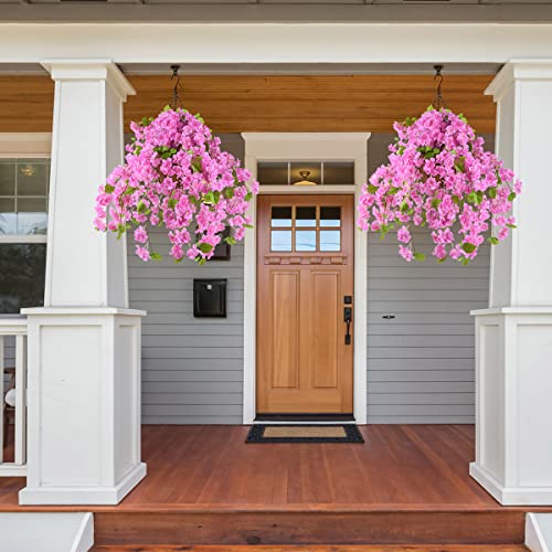 Artificial Flowers Hanging Basket With Peach Blossom Silk Vine Flowers For Outdoor/Indoor, Artificial Hanging Plant In Basket, Ivy Basket Artificial Hanging Plant For Patio Lawn Garden Decor (Purple) #TOP3