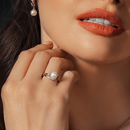 Gem Stone King 7-7.5MM Cultured Freshwater Pearl and Lab Grown Diamond Ring For Women | 925 Sterling Silver and 10K Yellow Gold | Available in Size 5,6,7,8,9 | Fine Jewelry Gifts for Her Mom Wife4