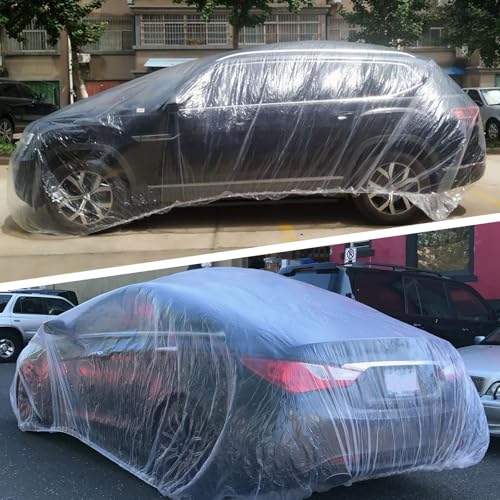 Image of 3 Packs Disposable Car Cover Clear Plastic Car Cover Universal Rain Dust Garage Cover with Elastic Band Large (15.7FT x 24.6FT)