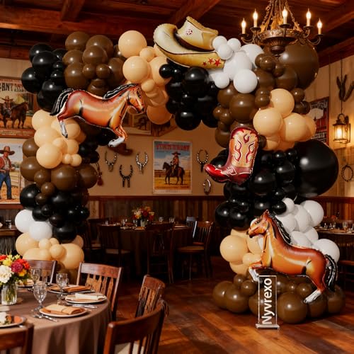 Image of 150Pcs Western Cowboy Balloon Garland Arch Kit, Black Brown White Balloons With Cowboy Boot Hat Horse Foil Balloons for Western Cowboy Farm Wild West Baby Shower Birthday Party Decorations
