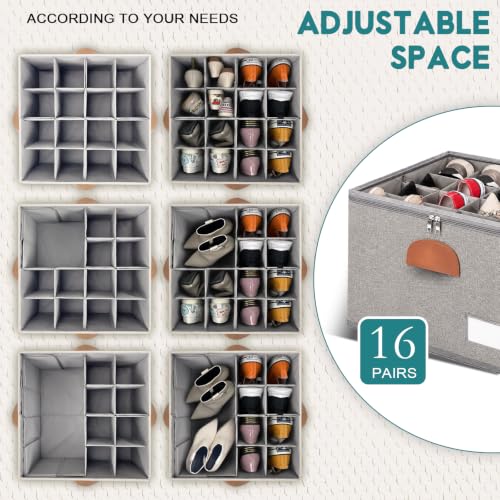 Image of 2 Pack Shoe Organizer for Closet Foldable Storage Box with Clear Cover | Fits 16-32 Pairs Boots and Heels Sneaker Sandals Stackable with Adjustable Divider Space Saving Dorm Grey