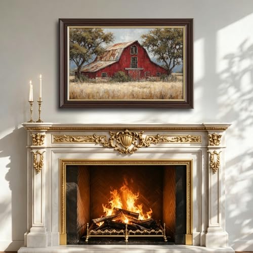 Image of Antique Framed Red Barn Canvas Wall Art, Weathered Farmhouse Oil Painting Canvas Prints, Vintage Farm Wall Decor Pictures for Living Room Bedroom Bathroom