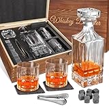 Cambareign Whiskey Decanter Set with Wooden Box, 29oz Crystal Liquor Decanter with 2 Glasses, Chilling Stones, Coasters and Tong, Whiskey Decanter Sets for Men, Husband, Dad, Boyfriend