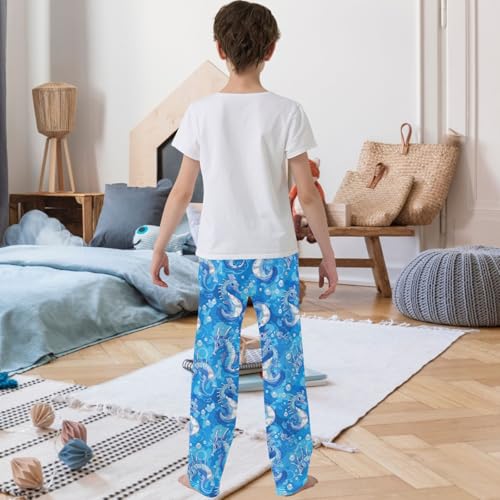 Boy's Pants Cartoon Blue Seahorse Jogger Pants Elastic Waist Long Bottoms Trousers with Pockets 6-14 Years3