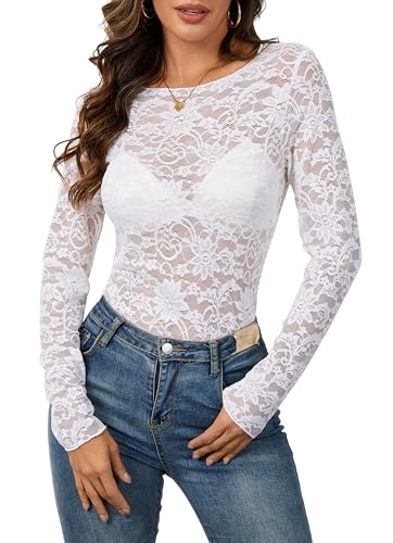 WESTGUY Damen Spitze Top Sexy Mesh Oberteile Transparentes Langarm Shirt Elegant Bluse Durchsichtig Blumenmuster Tops Rundhals-Ausschnitt Clubwear (3301XX-Large Weiß)
