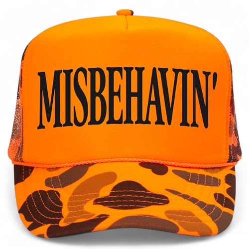 Funny Trucker Hats Collection | Orange Camo | Unhinged Meme Joke | Premium Adjustable Snapback Mesh Hats for Men & Women (US Alpha One Size Misbehavin Hat)