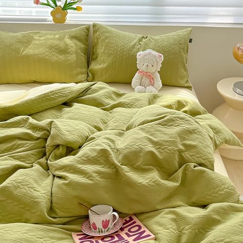 Juego de funda nórdica, juego de ropa de cama de algodón Queen, color sólido simple, tiras de algodón Seersucker, 4 piezas, súper suave, cómodo y transpirable, kit de decoración del hogar (verde