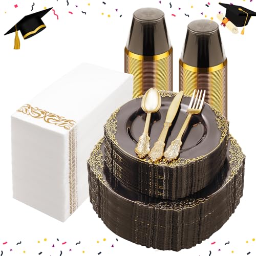Bestluck 350PCS Clear Black Plastic Plates for 50 Guests, Disposable Plates with Gold Trim include...