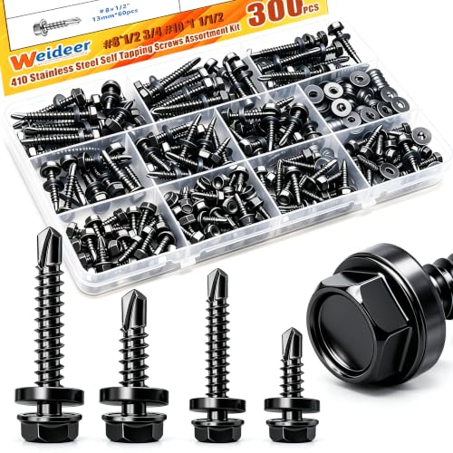 weideer 300pcs #8#10 Self Tapping Screws,410 Stainless Steel Hex Washer Head Sheet Metal Screw,Black Self Tapping Screws for Metal,Quick Tapping Screw with Rubber Washer
