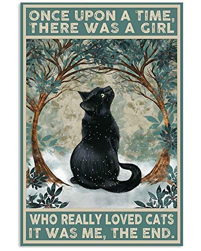Kexle Vintage Metal Tin Sign Black Cat Once Upon a Time There was a Girl Poster Art Decor Home Bar Poster 8x12 Inch