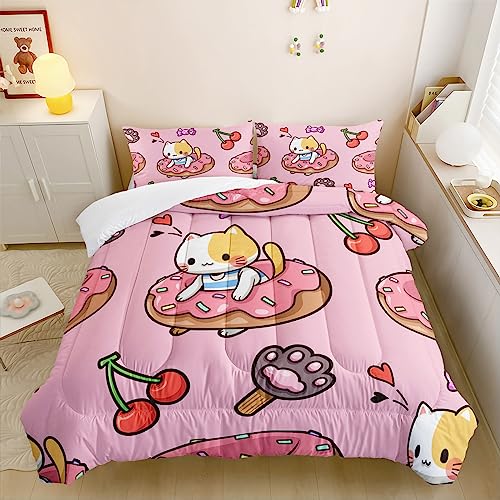 Qoomo Kawaii Cat Comforter Twin Size,Doughnut Cherry Cat Comforter Set For Kids Teens Girls,3Pcs Bedding Set Printed Comforter With 2 Pillowcases,Soft And Lightweight(Pink，Twin Size) #TOP21