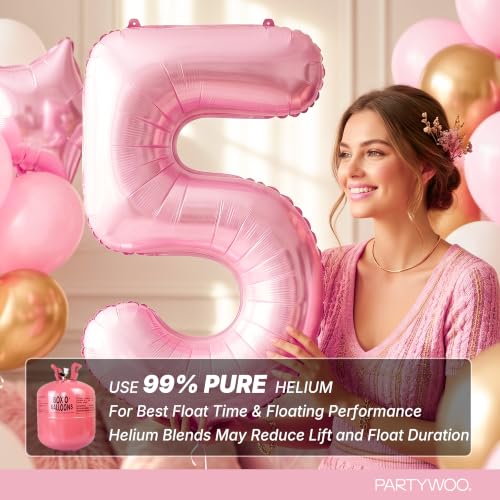 Image of PartyWoo Baby Pink Number 5 Balloon 40 Inch 25pcs Pink Foil Star White Gold | Foil Number Large Gaint Jumbo Balloons for Birthday Baby Shower Princess Wedding Anniversary Girl Women Party Decorations
