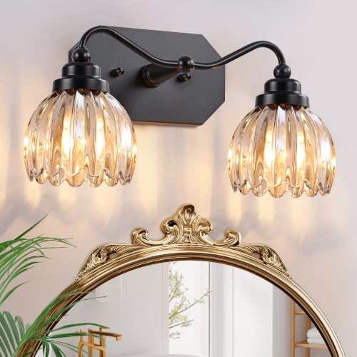 Image of Vintage Vanity Lights, 2‑Light Antique Matte Black Finish | Amber Tulip Crystal Bathroom Light Fixtures, Mid‑Century Style, Bathroom Lighting Over Mirror for Bedroom, Easy to Install