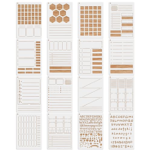 MWOOT 16 Piezas Journal Stencils Diario Plantillas Pintura, Reutilizable Planificador Journal Template Kit, DIY Letras Dibujo Plantillas para Pintar Scrapbooking Calendario Decoración (14.8x21CM)