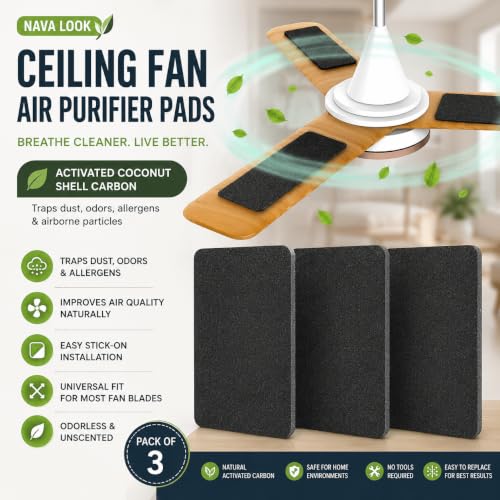 Image of Ceiling Fan Air Purifier Pads, Pack of 3 | Activated Coconut Shell Carbon, Trap Dust, Odors & Allergens, Easy-Stick Universal Fit, Odorless & Unscented