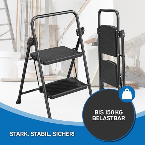kör4u Trittleiter 2 Stufen - 150 kg belastbar - Standhöhe ca. 45 cm, klappbar, rutschfeste Stufen, Stahlrahmen, Haushaltsleiter, schwarz