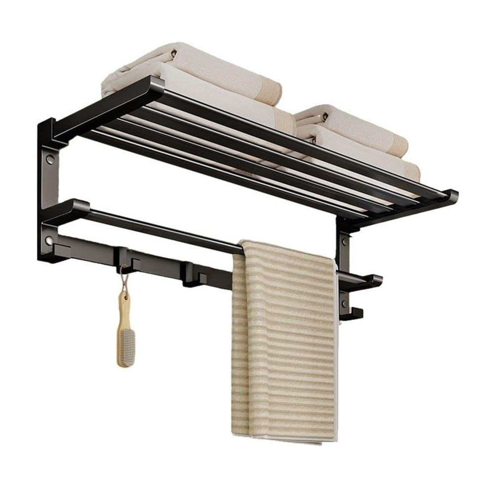 Étagère à serviettes murale pliable et organisateur de salle de bain en acier noir