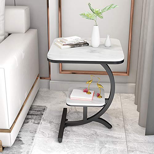Mesa de sofá de mármol cuadrada moderna para salón mueble auxiliar de hierro de dos niveles blanco 5