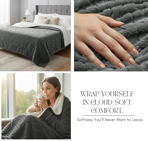 Image of VAS COLLECTIONS Faux Fur Jacquard Tufted Sherpa Blanket | 600 GSM Heavyweight Ultra-Soft & Super Warm Double Bed Blanket | 225 x 220 cm | 5D Embossed Floral Design | Heavy Winter Use - 3 kg, Grey