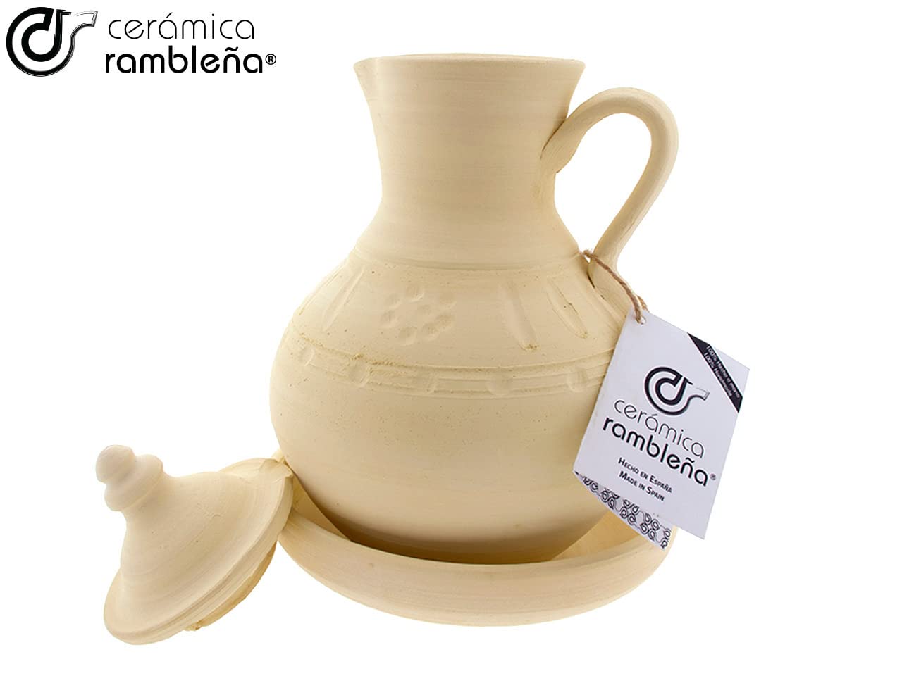 CERÁMICA RAMBLEÑA | Jarro de Agua en Barro Tradicional | Jarra de Agua de La Rambla (Córdoba) | 100% Hecho a Mano | 2.5 litros | Eco | Plato Incluido
