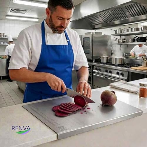 Image of RENVA Food Grade Stainless Steel Cutting Board with Lip, Metal Chopping Board for Meat, Fruits, Vegetables, Bread, and Baking 36x29cm(36x29 cm Silver)