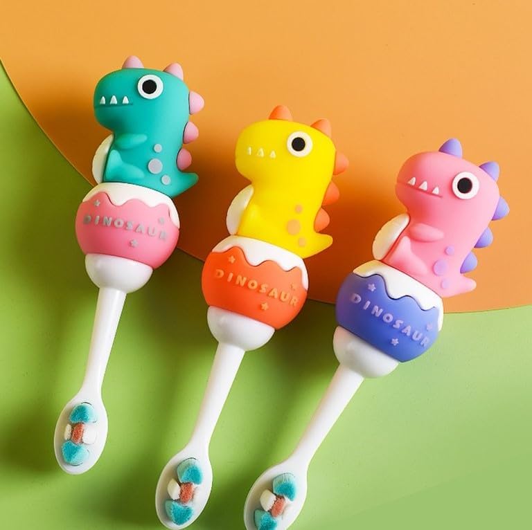 Image of Cots and Cuddles 3D Baby Dino Design Kids Toothbrush - Ultra Soft Bristles, Gentle on Gums, Manual Toothbrush for 3-6 Years, Pack of 2 (Random Color) (Baby Dino)