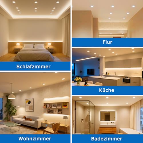 ZIZZLER 40er Set LED Einbaustrahler Spots 230V Flach 68-80mm Lochmaß, Warmweiß Deckenspots, IP44 Einbauleuchten für Badezimmer Feuchtraum, 5W 3000K Einbauspots für Küche Schlafzimmer Wohnzimmer
