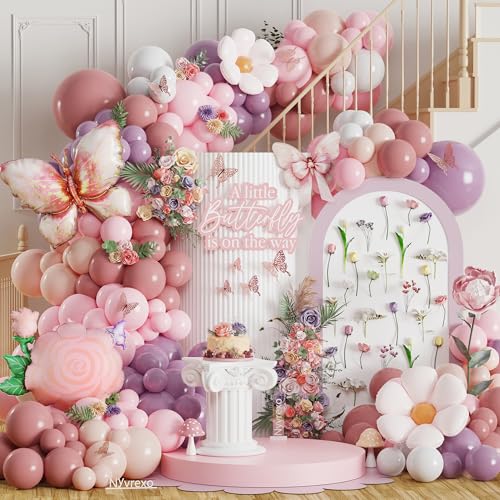Image of Spring Butterfly Birthday Party Decorations, 154Pcs Daisy Flower Pink Purple Balloons Arch Garland Kit with Butterfly Foil Balloons for Baby Shower Garden Tea Party Wedding Supplies