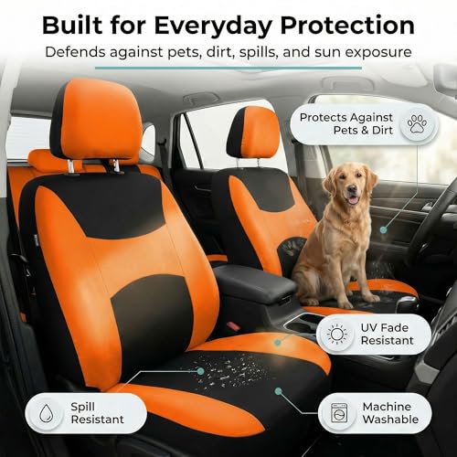 Image of FH Group Front Set Cloth Car Seat Covers for Low Back Car Seats with Removable Headrest, Universal Fit, Airbag Compatible, Seat Cover for SUV, Sedan, Van, Orange