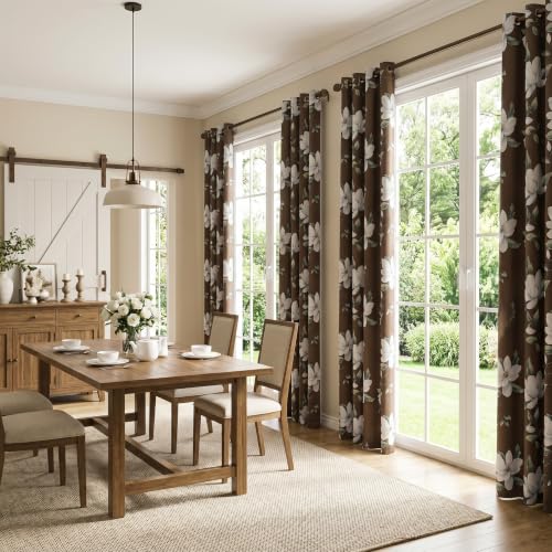 Image of MYSKY HOME Floral 95% Blackout Curtains 90 Inch Long 2 Panels Set for Kitchen White Flower Printed Thermal Insulated Light Blocking Black Out Grommet Window Treatments, 52 inch W Each Panel, Brown
