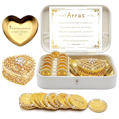 FANYX Arras Para Boda Catolica, Wedding Coins Set With 13 Virgen De Guadalupe Aras Coins and Decoracion Box, Regalos for Ceremony (Heart)
