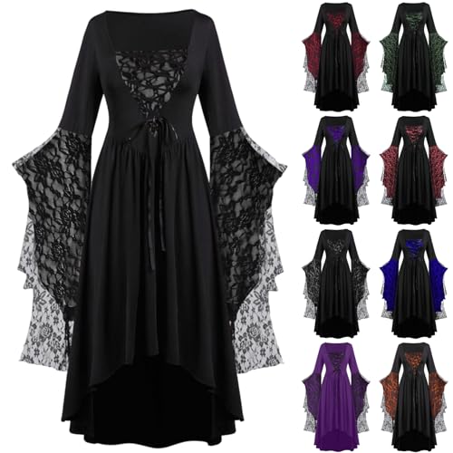 JIEMUXIU Halloween Costumes Woman 2025 Gothic Plus Lace Up Corset Dress Skull Print Bat Sleeve Medieval Renaissance Dresses