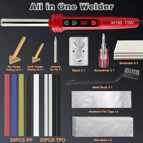 Image of 150W LED Digital Adjustable Temperature Plastic Welder, 3 IN 1 Welding Kit with 70PCS Rods, 3 Tips Welder Soldering Iron Kit, Plastic Repair Kit for Car Bumper /Kayaks,etc (Red)
