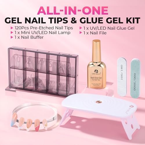 Image of UNA GELLA Medium Almond Gel Tips Nail Kit, Pre-Etched Nail Tips 120PCS