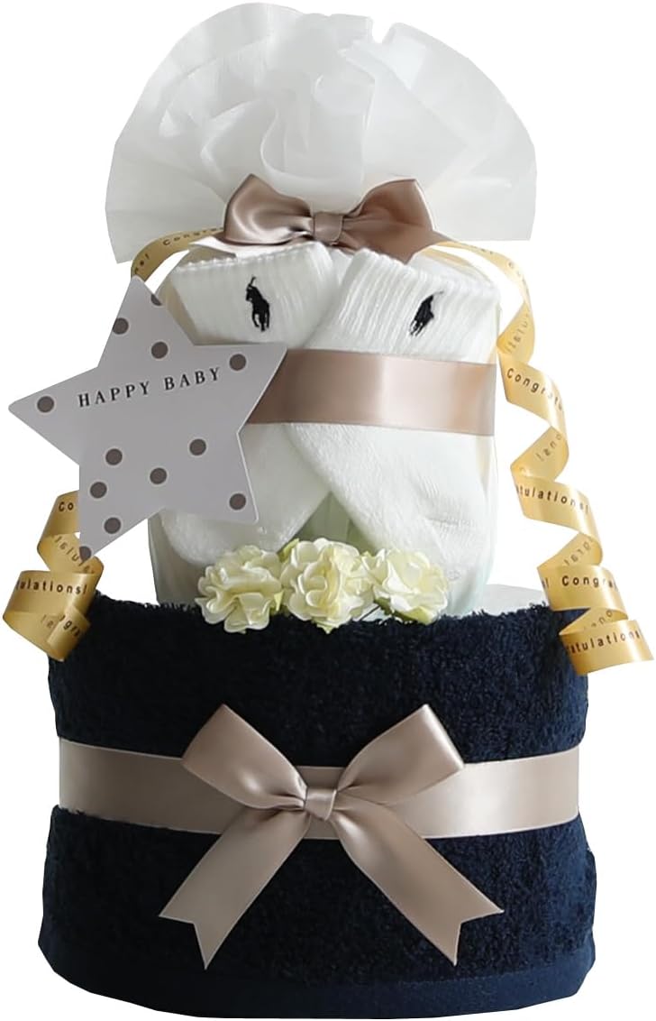 おむつケーキ研究所 ラルフローレン おむつケーキ 出産祝い 今治タオル オーガニックコットン 2段 男の子 女の子 名入れ刺繍 ギフトセット ネイビー ダイパーケーキ ベビー ソックス 6~12か月(約9~12cm) パンパーステープタイプSサイズ