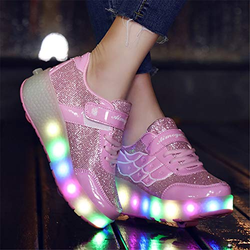 Lovelysi Unisex Jungen Mädchen LED Licht Skateboardschuhe mit Rollen Drucktaste Einstellbare,USB Wiederaufladbar,Inline Skates,Outdoor Sport Gymnastik Running Sneaker