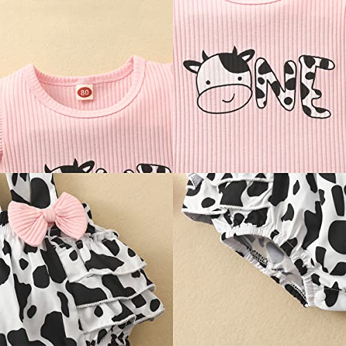 Newborn Baby Girl Cow Outfit Short Sleeve Cow Print Romper Bodysuit Ruffle Bloomer Headband Suspender Outfit Sets 3Pcs Cow Print Fall Winter Ribbed Clothes Cow 12-18 Months #TOP5