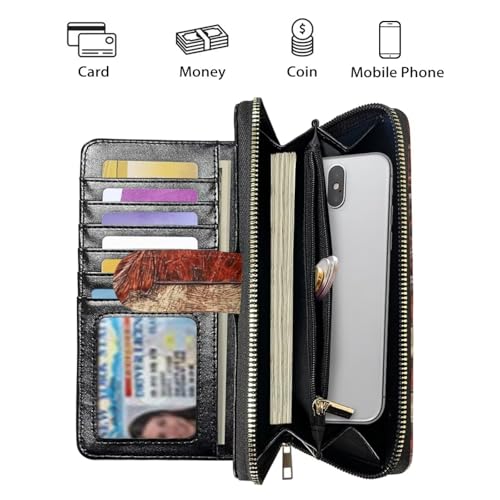 Image of COEQINE Ladies Wallets Pink Leopard Heart Black Printed Leather Phone Long Clutch Purses Check Coin Change Holder