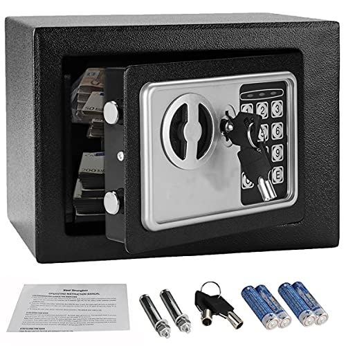 Steel Small Security Safe Fireproof Waterproof Safe with Keypad Lock and Keys, 0.2 Cubic Feet Burglary Digital Security Safe Box for Cash Money Jewelry Document Cabinet Safe Home or Business (Black)