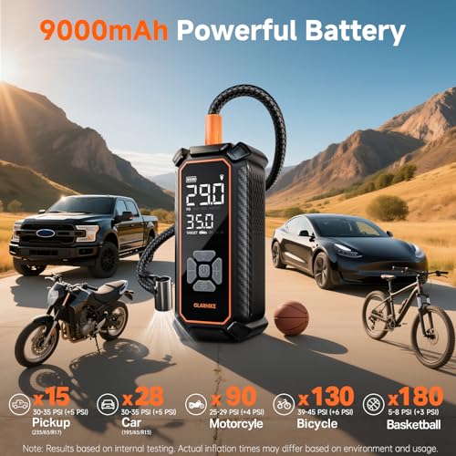 Image of OlarHike Cordless Tire Inflator Portable Air Compressor, Dual Power Mode - 9000 mAh & 12V DC, Air Pump for Car Tires, Motorcycle, Bicycle, Electric Pump with LED Light & Digital Pressure Gauge