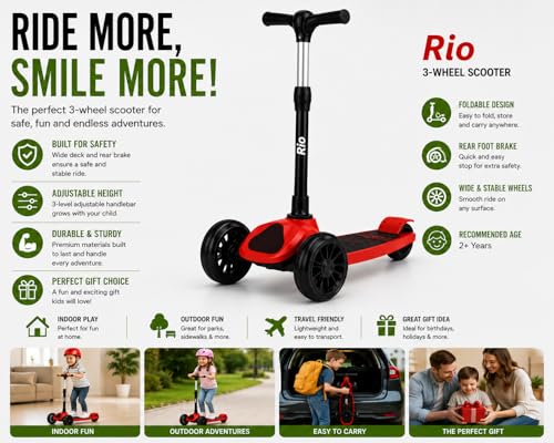 Image of MiniExplorer Rio Kids Kick Scooter for Boys & Girls 3-12 Years - Red | Adjustable Height Foldable Scooter with Rear Brake & Anti-Slip Deck | 3 Wheel /2 Wheel Outdoor Scooter for Kids