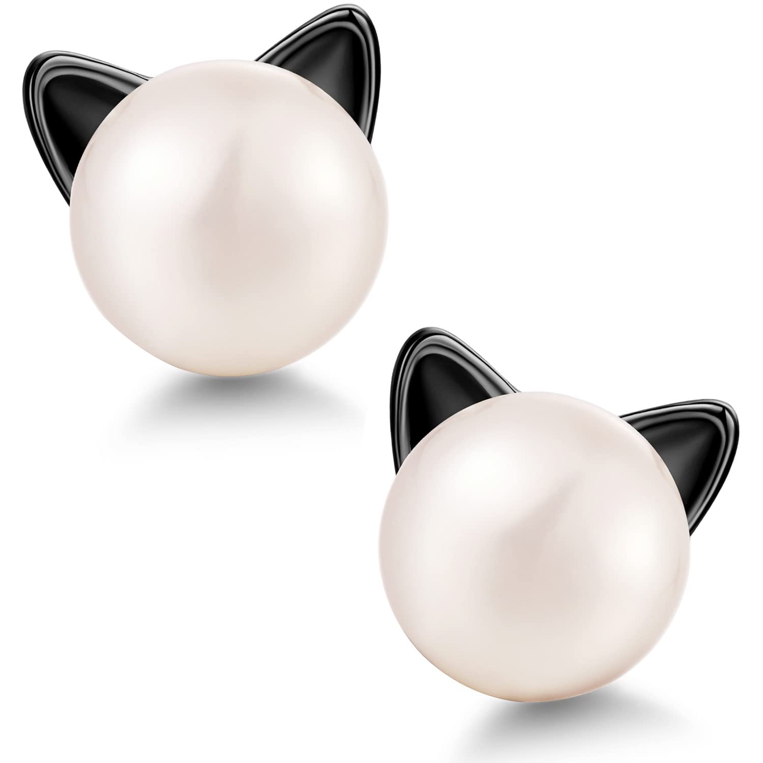 jiamiaoiPendientes gato mujer plata Pendientes gato perlas para mujer ninas Pendiente mujer plata Pendientes forma gato de perlas 7.5-8mm Aretes de gato perla
