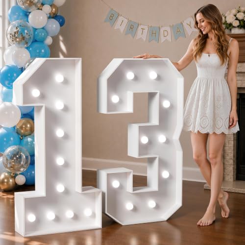Image of Marquee Numbers 4 Feet Tall Big Light Up Numbers 13th Happy Birthday Decorations Girl Boy White Anniversary Party Decor Large Cardboard Prop Backdrop Sign 13